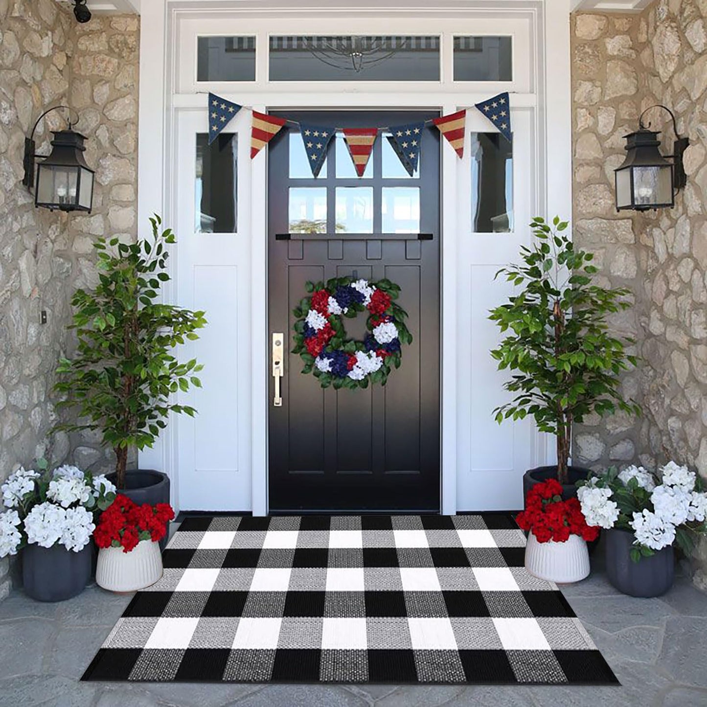 Christmas Door Mat Outdoor 35.4''x59'' Buffalo Plaid Christmas Decor Rug Cotton Hand-Woven Layered Door Mats Washable Carpet for Front Porch, Kitchen, Farmhouse, Entryway