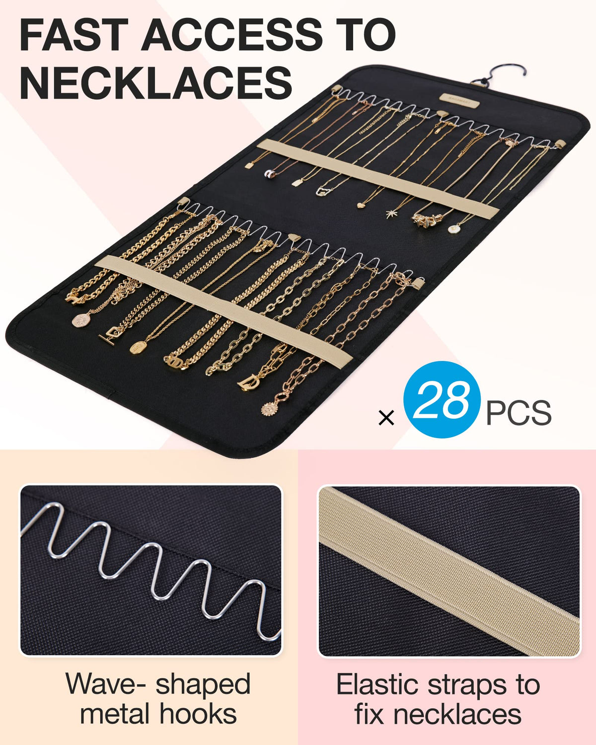 BAGSMART Hanging Jewelry Organizer Storage Roll with Hanger Metal Hooks Double-Sided Jewelry Holder for Earrings, Necklaces, Rings on Closet, Wall, Door, 1 piece, Medium, Pink