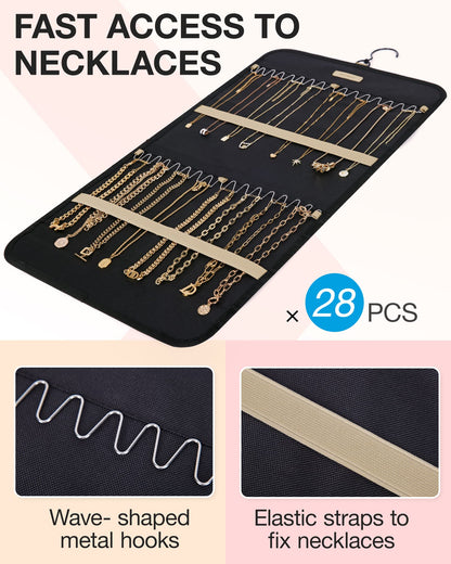 BAGSMART Hanging Jewelry Organizer Storage Roll with Hanger Metal Hooks Double-Sided Jewelry Holder for Earrings, Necklaces, Rings on Closet, Wall, Door, 1 piece, Medium, Pink