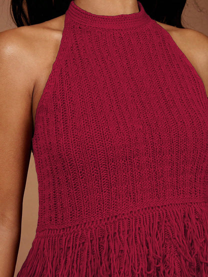 SweatyRocks Women's Boho Fringe Halter Tops Sleeveless Open Back Summer Knit Crochet Tank Top