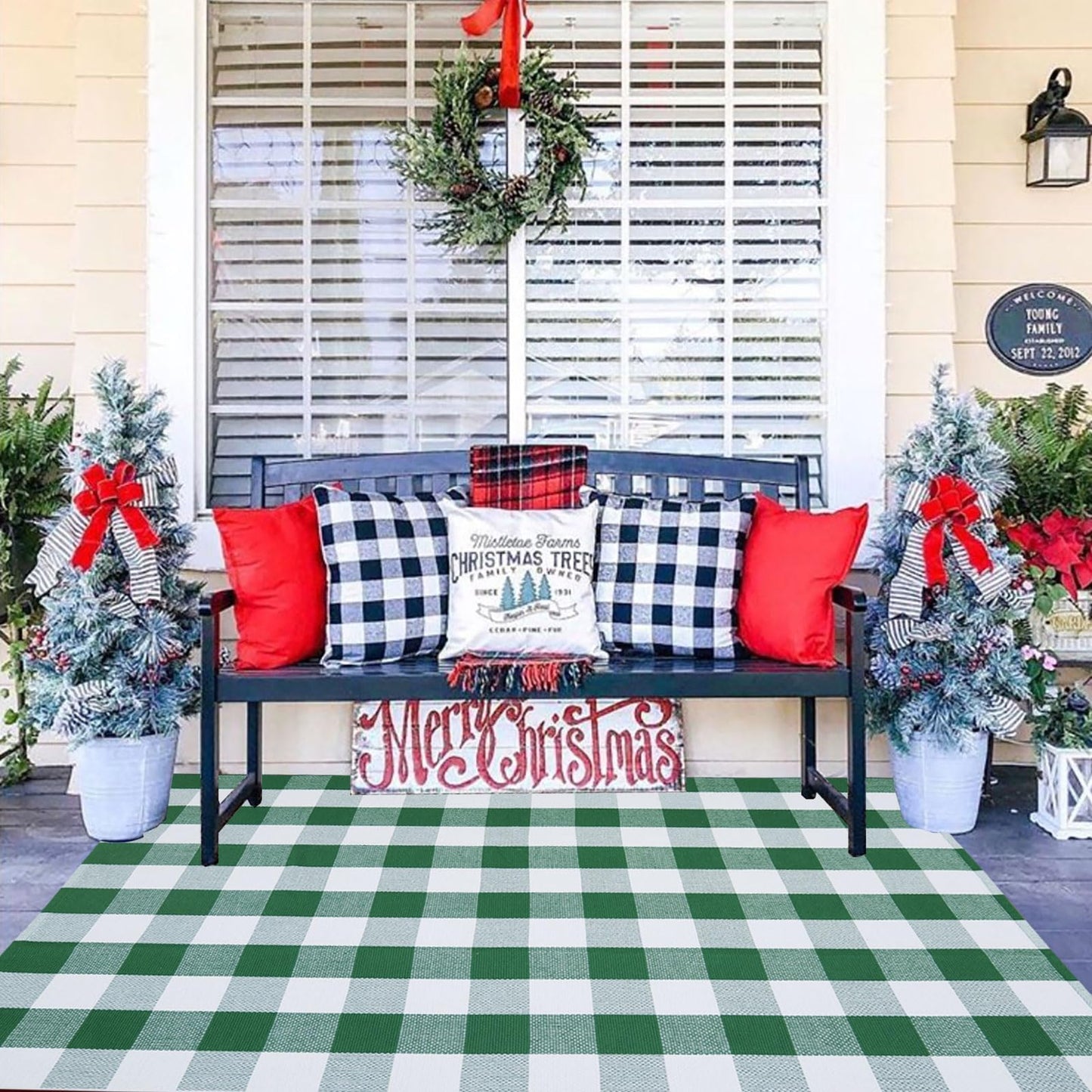 Christmas Door Mat Outdoor 35.4''x59'' Buffalo Plaid Christmas Decor Rug Cotton Hand-Woven Layered Door Mats Washable Carpet for Front Porch, Kitchen, Farmhouse, Entryway