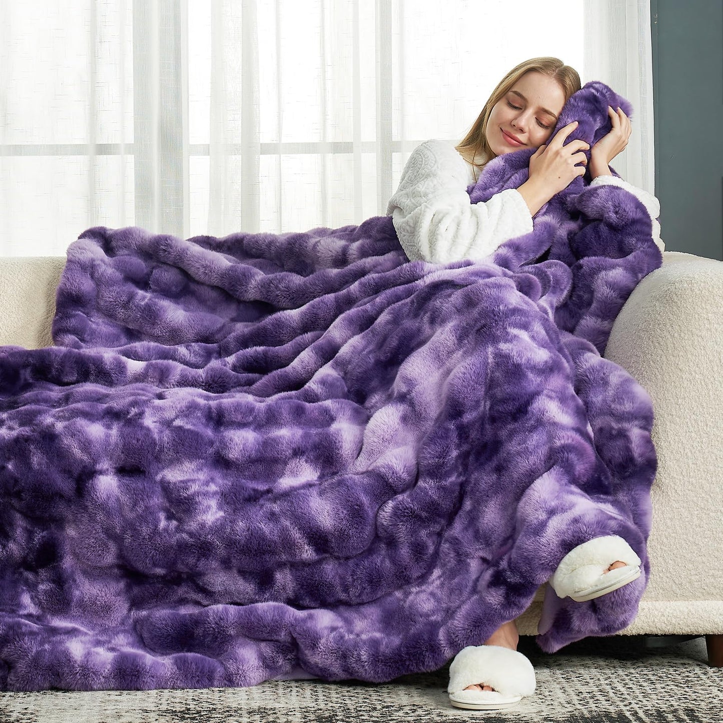 Cozy Bliss Faux Fur Throw Blanket for Couch, Fuzzy Soft Plush Thick Bubble Blanket for Sofa Bedroom Living Room, 50 * 60 Inches Tie Dye Pink