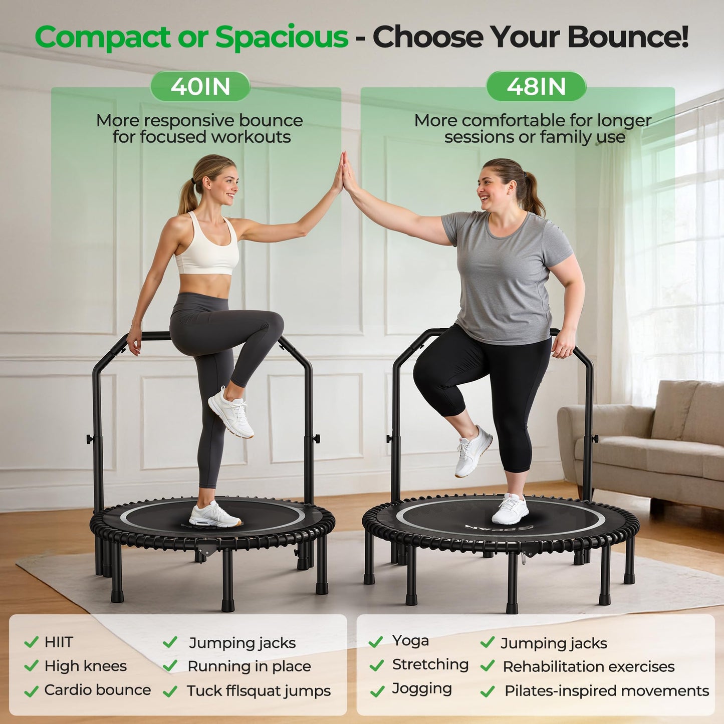 BCAN BT2 450/550LBS Mini Rebounder Trampoline for Adults with Bar, Fitness Trampoline with Bungees, Adjustable Handle, Stable & Quiet, Indoor Outdoor, Whole-Body Workout - 40IN/48IN | FED Fitness