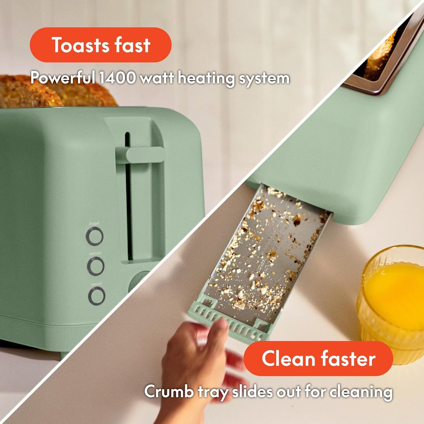 bella 2 Slice Slim Toaster, Fits-anywhere™ Kitchenware, 6 Setting Shade Control with Reheat & Cancel Buttons, Fits sourdough, 10” Long Slot, Anti Jam & Auto Shutoff, 900 Watt, Blossom