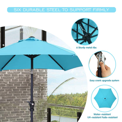 GDY 7.5ft Tassel Patio Umbrella and Matching Base, Outdoor Table Umbrella with 18 LED Lights,Market Umbrella with 6 Sturdy Ribs, with Push Button Tilt and Crank, Bright White