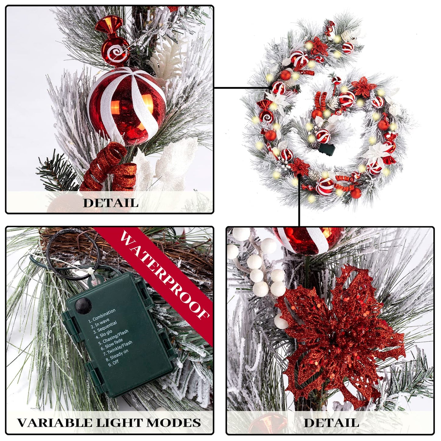 WANNA-CUL Pre-lit 9Feet /108 Inch Christmas Garland with Lights for Front Door, Red Gold Ligthed Christmas Mantel Garland Decoration with Ball Ornaments, Battery Operated 50 LED