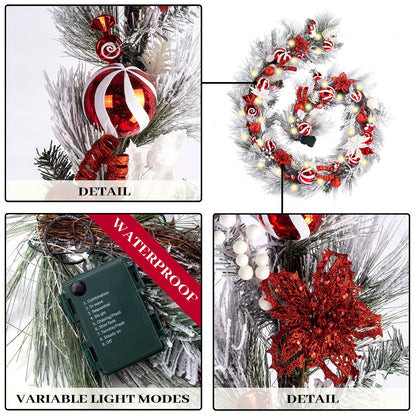 WANNA-CUL Pre-lit 9Feet /108 Inch Christmas Garland with Lights for Front Door, Red Gold Ligthed Christmas Mantel Garland Decoration with Ball Ornaments, Battery Operated 50 LED