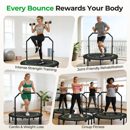 BCAN BT2 450/550LBS Mini Rebounder Trampoline for Adults with Bar, Fitness Trampoline with Bungees, Adjustable Handle, Stable & Quiet, Indoor Outdoor, Whole-Body Workout - 40IN/48IN | FED Fitness