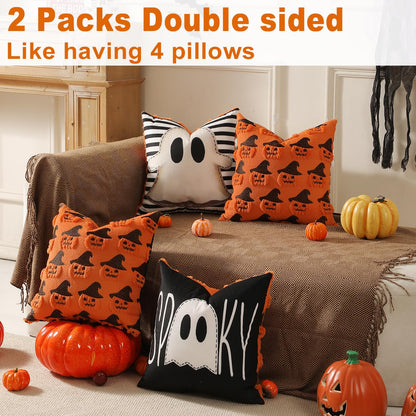 TOYPOPOR Halloween Decorations, 2 Packs Double Sided Ghost Pillow Covers, Soft Fur Throw Pillow Cases Indoor outdoor Pumpkin Couch Cushion Case for Fall Autumn Bedroom Living Room Home Decor 18''x18''