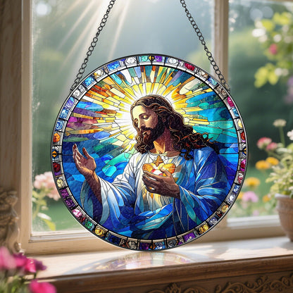 8-Inch Jesus with Cardinals Suncatcher Ornament, Stained Glass Window Hanging & Religious Christmas Ornament, Christian Window Decor — Memorial Gift, Christian Gifts for Her, Religious Gifts