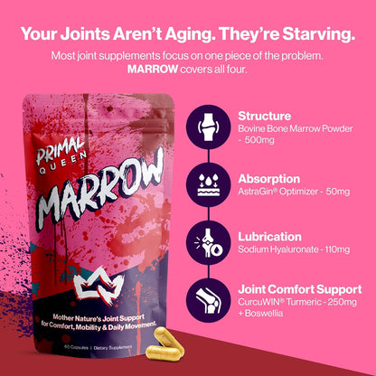 Primal Queen Marrow – Bone Marrow Joint Support for Women | 46x Bioavailable Curcuwin® Turmeric, Hyaluronic Acid, Boswellia | Joint Flex Support, 46x More Absorption