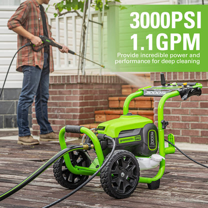 Greenworks 3000 PSI (2.0 GPM Max) Brushless Electric Pressure Washer (15°, 25°, 40°, Turbo and Soap Nozzle) for Use On Decks, Fences, Driveways, Sidewalks, Siding & More. Heavy-Duty