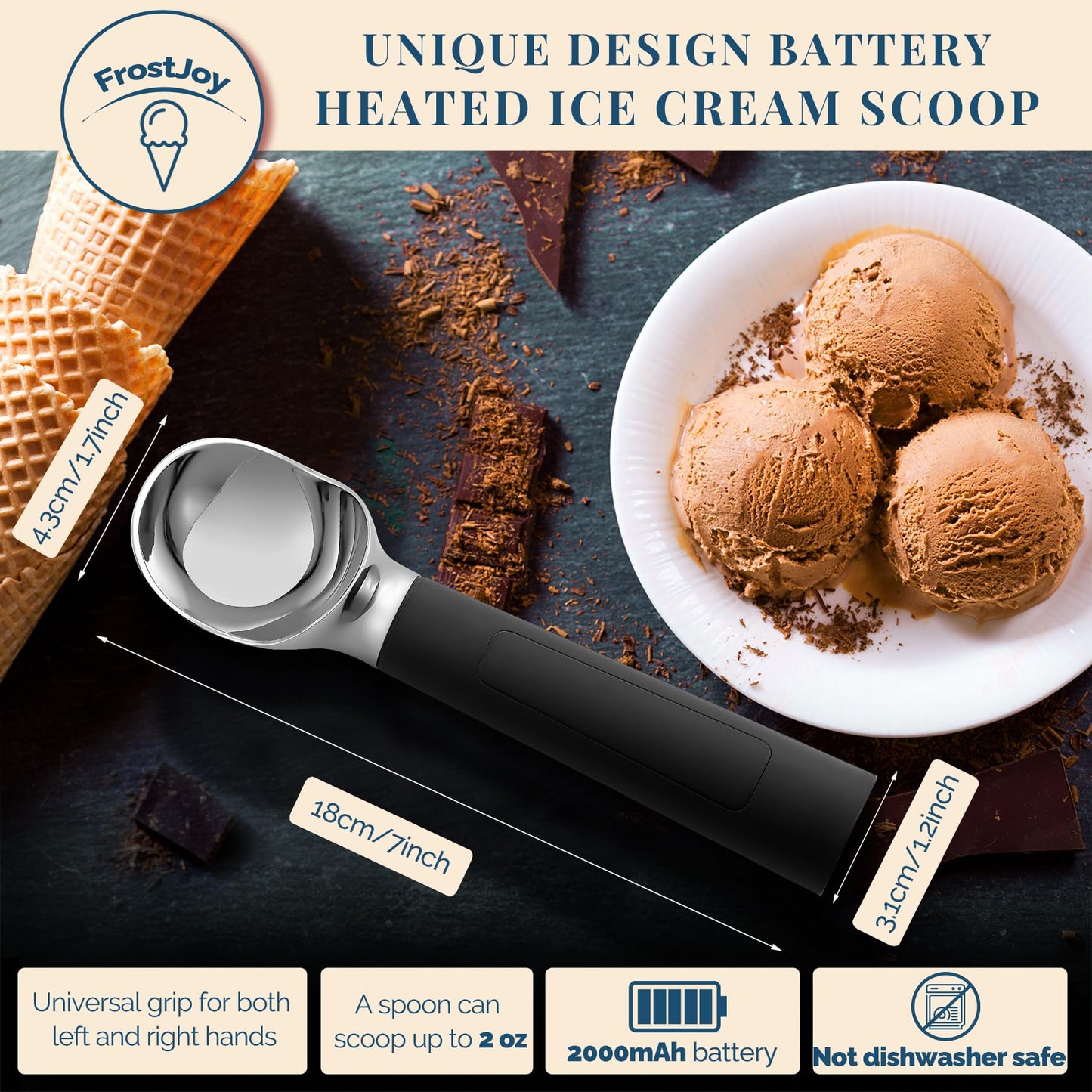 Heated Ice Cream Scoop Rechargeable, Electric Warming Ice Cream Scooper with LED Display, Heats to 158°F for Hard Ice Cream, Easy for Seniors & Kids, IP67 Waterproof (White, 2 oz)
