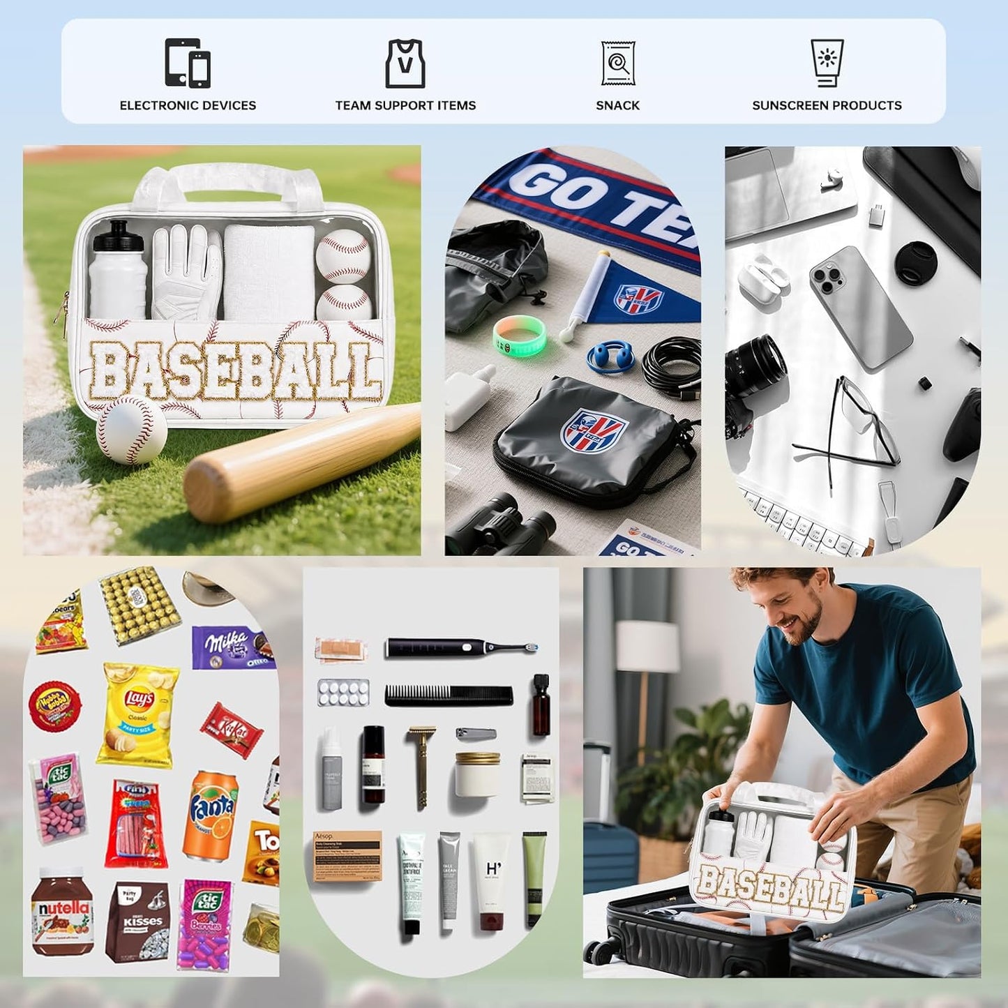 Baseball Mom Essentials Baseball Team Gifts Makeup Cosmetic Bag Clear Chenille Letter Zipper Pouch Stuff Sport Portable Travel Case