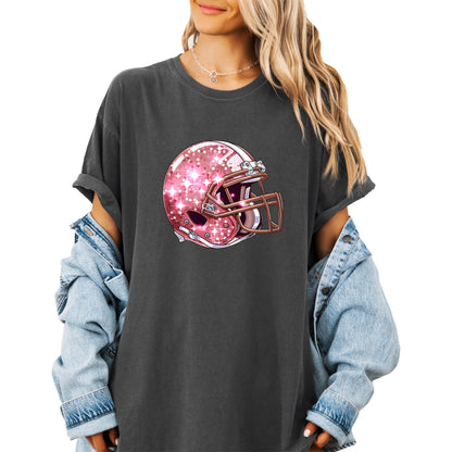Pink Football Helmet Faux Glitter Shirt for Women and Teens Girly Football Fan Oversized Tee