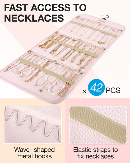 BAGSMART Hanging Jewelry Organizer Storage Roll with Hanger Metal Hooks Double-Sided Jewelry Holder for Earrings, Necklaces, Rings on Closet, Wall, Door, 1 piece, Medium, Pink