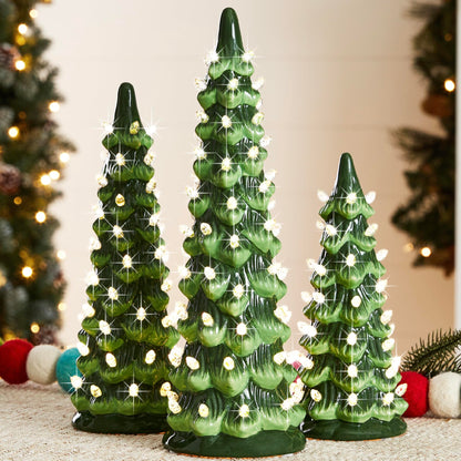 Best Choice Products Set of 3 Ceramic Christmas Trees, Pre-Lit Hand-Painted Tabletop Holiday Decoration w/Multicolor Bulbs, LED Lights – Green
