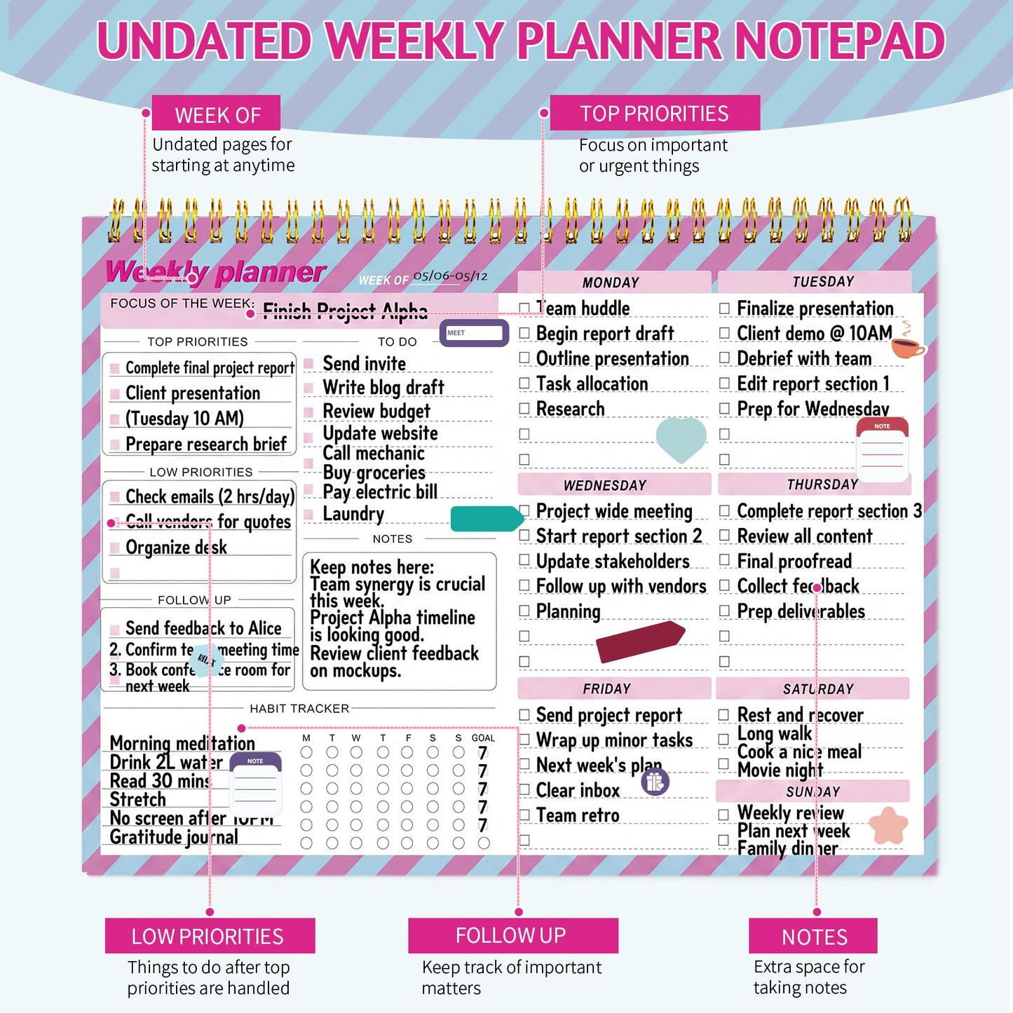 Thboxes Weekly Desk Planner, 8.5x11 In To Do List Notepad, 52 Sheets, Pink | Productivity Organizer, Work from Home Essentials, Undated Tear Off Pages, Office, College, School, Student and Teacher Gifts