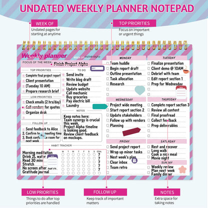 Thboxes Weekly Desk Planner, 8.5x11 In To Do List Notepad, 52 Sheets, Pink | Productivity Organizer, Work from Home Essentials, Undated Tear Off Pages, Office, College, School, Student and Teacher Gifts