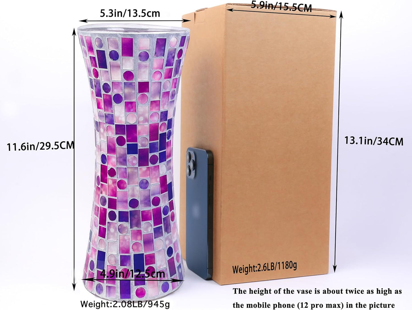 11.6" H Purple Red Mosaic Vase