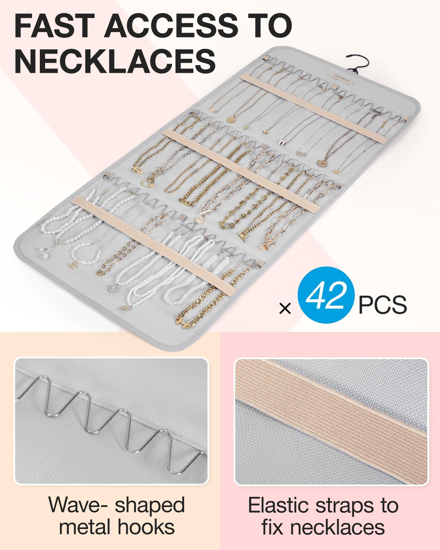 BAGSMART Hanging Jewelry Organizer Storage Roll with Hanger Metal Hooks Double-Sided Jewelry Holder for Earrings, Necklaces, Rings on Closet, Wall, Door, 1 piece, Medium, Pink