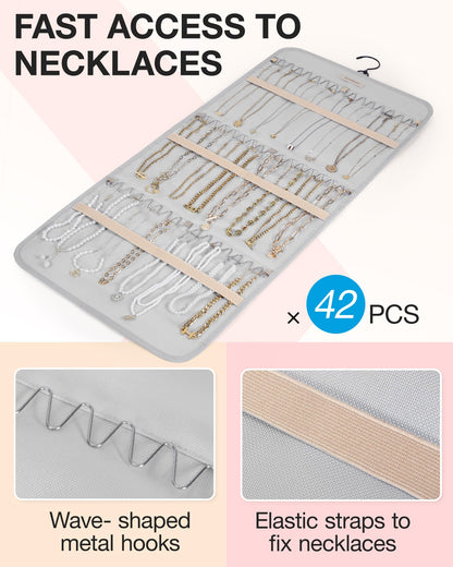 BAGSMART Hanging Jewelry Organizer Storage Roll with Hanger Metal Hooks Double-Sided Jewelry Holder for Earrings, Necklaces, Rings on Closet, Wall, Door, 1 piece, Medium, Pink