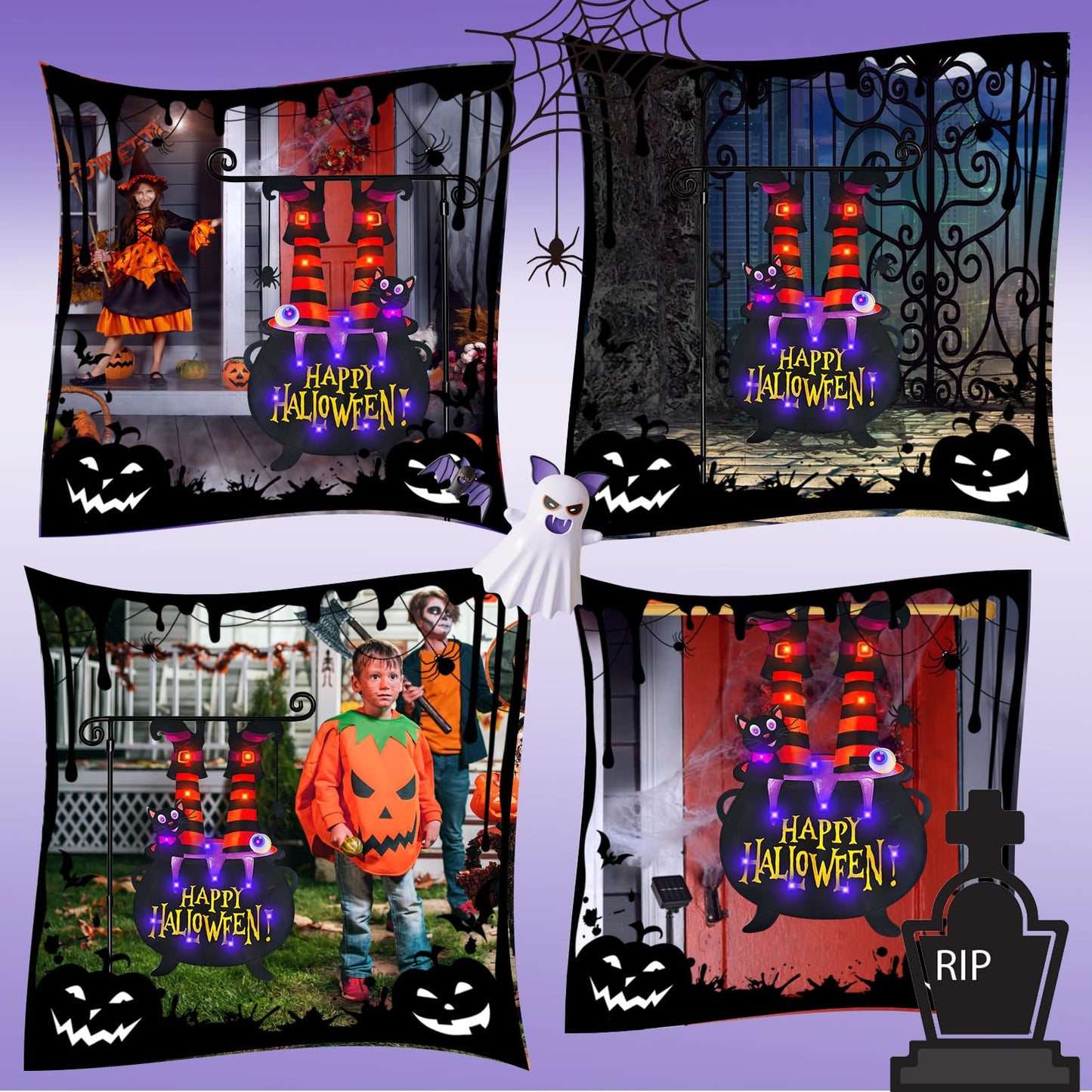 Halloween Lighted Garden Flag for Outside, Led Solar Yard Flag 8 Modes Witch Feet Shape Flag, 28x40 Double Sided Cauldron Eyeball Black Cat Decorations for Home Porch