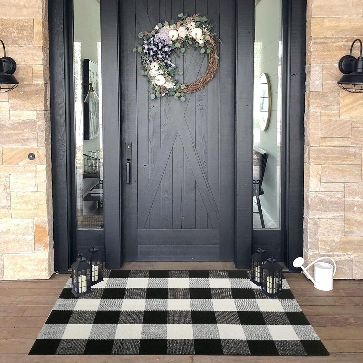 Christmas Door Mat Outdoor 35.4''x59'' Buffalo Plaid Christmas Decor Rug Cotton Hand-Woven Layered Door Mats Washable Carpet for Front Porch, Kitchen, Farmhouse, Entryway