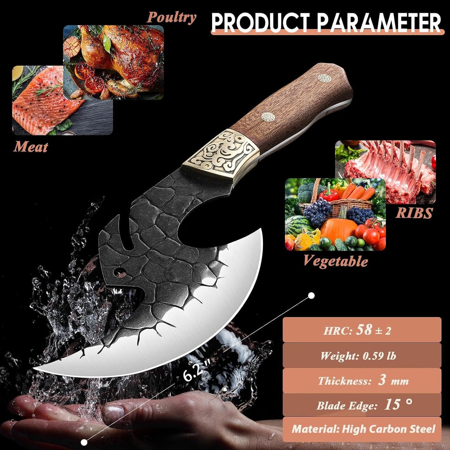 ROCOCO Viking Cleaver Knife Birthday - Kitchen Axe & Sheath Father Gift Men | Hand Forged High Carbon Steel Butcher Meat Cutting Boning Knife for Home Outdoor BBQ Camping Chirstmas Mother
