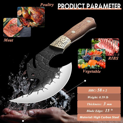 ROCOCO Viking Cleaver Knife Birthday - Kitchen Axe & Sheath Father Gift Men | Hand Forged High Carbon Steel Butcher Meat Cutting Boning Knife for Home Outdoor BBQ Camping Chirstmas Mother