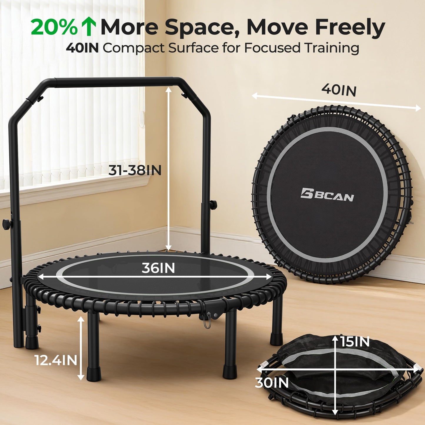 BCAN BT2 450/550LBS Mini Rebounder Trampoline for Adults with Bar, Fitness Trampoline with Bungees, Adjustable Handle, Stable & Quiet, Indoor Outdoor, Whole-Body Workout - 40IN/48IN | FED Fitness