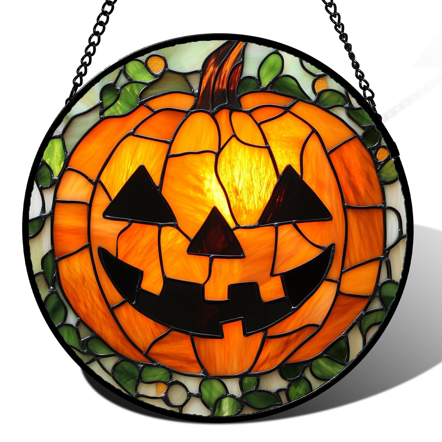Stained Glass Window Hanging, Halloween Decorations Evil Pumpkin Suncatcher for Doors Garden Indoor Spooky Funny Orange Sun Catchers Gothic Decor Horror Gifts for Women Men Friend 15 in