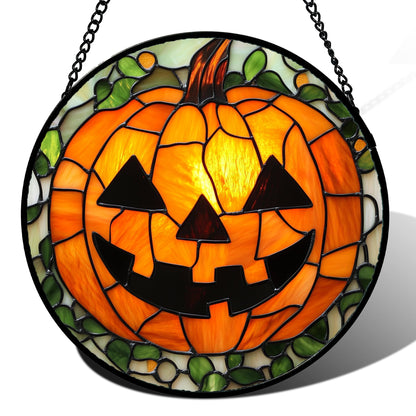 Stained Glass Window Hanging, Halloween Decorations Evil Pumpkin Suncatcher for Doors Garden Indoor Spooky Funny Orange Sun Catchers Gothic Decor Horror Gifts for Women Men Friend 15 in