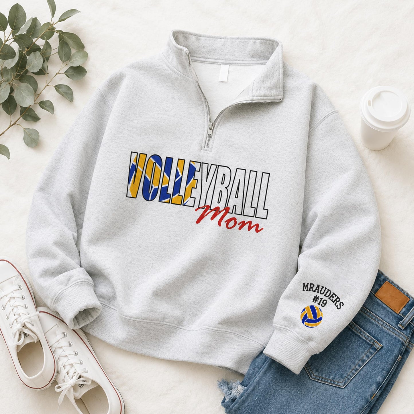 NAZENTI Personalized Sports Mom Quarter Zip Sweatshirt, Football Volleyball Soccer Mom Pullover, Gifts For Mama Grandma
