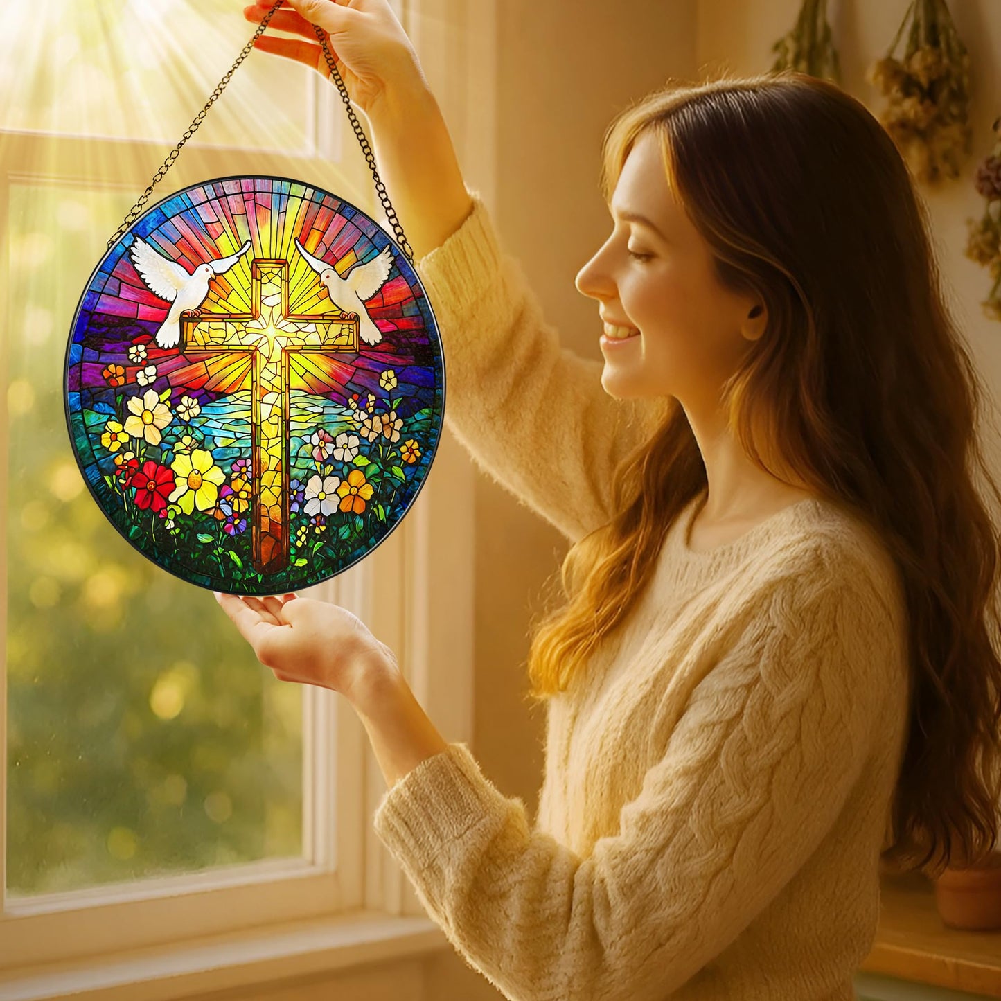 8-Inch Jesus with Cardinals Suncatcher Ornament, Stained Glass Window Hanging & Religious Christmas Ornament, Christian Window Decor — Memorial Gift, Christian Gifts for Her, Religious Gifts