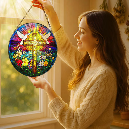 8-Inch Jesus with Cardinals Suncatcher Ornament, Stained Glass Window Hanging & Religious Christmas Ornament, Christian Window Decor — Memorial Gift, Christian Gifts for Her, Religious Gifts