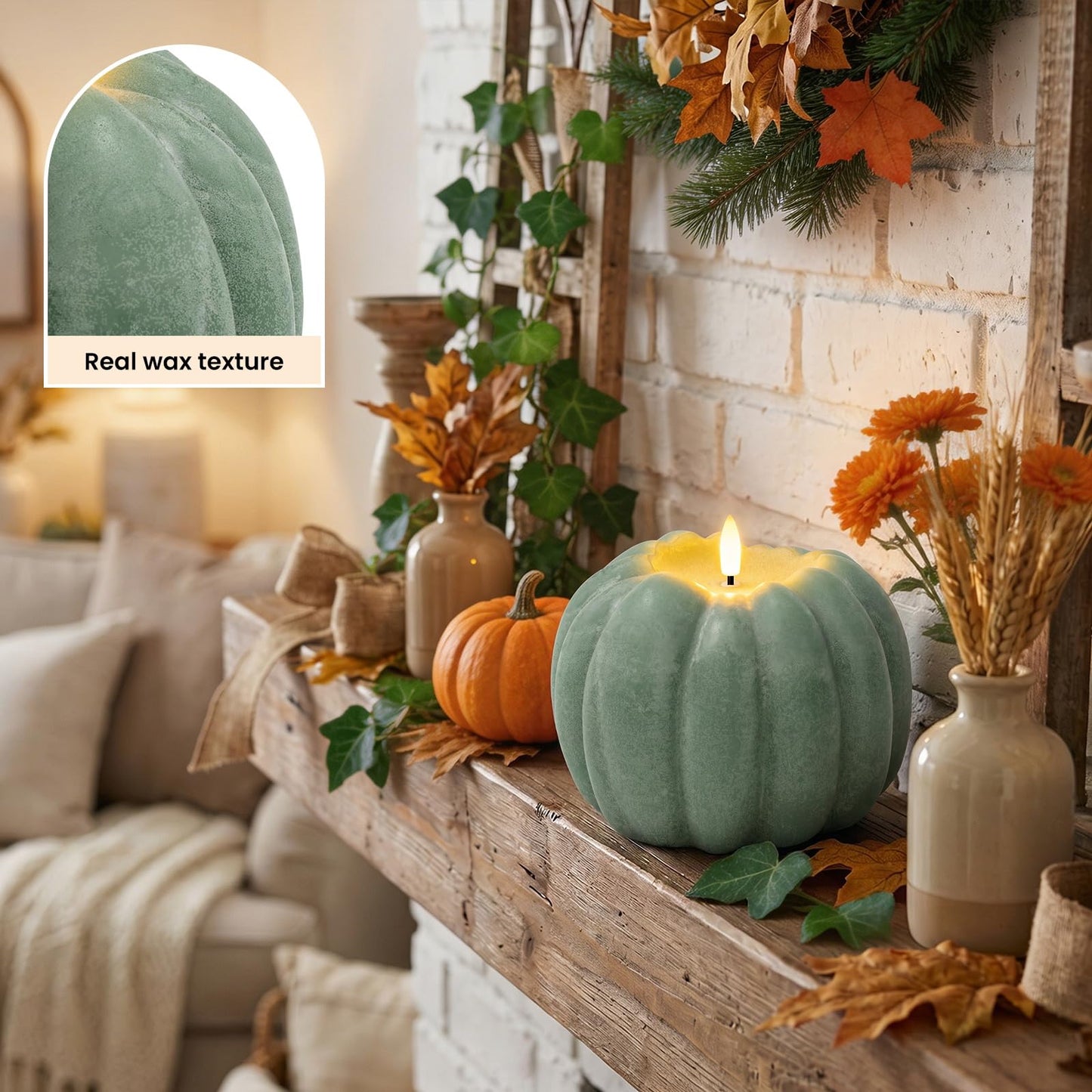 Fall Decor, Fall Decorations for Home - Flameless Pumpkin Candle with Timer Remote - Room Bedroom Table Farmhouse Decor for Halloween, Thanksgiving, Orange+White