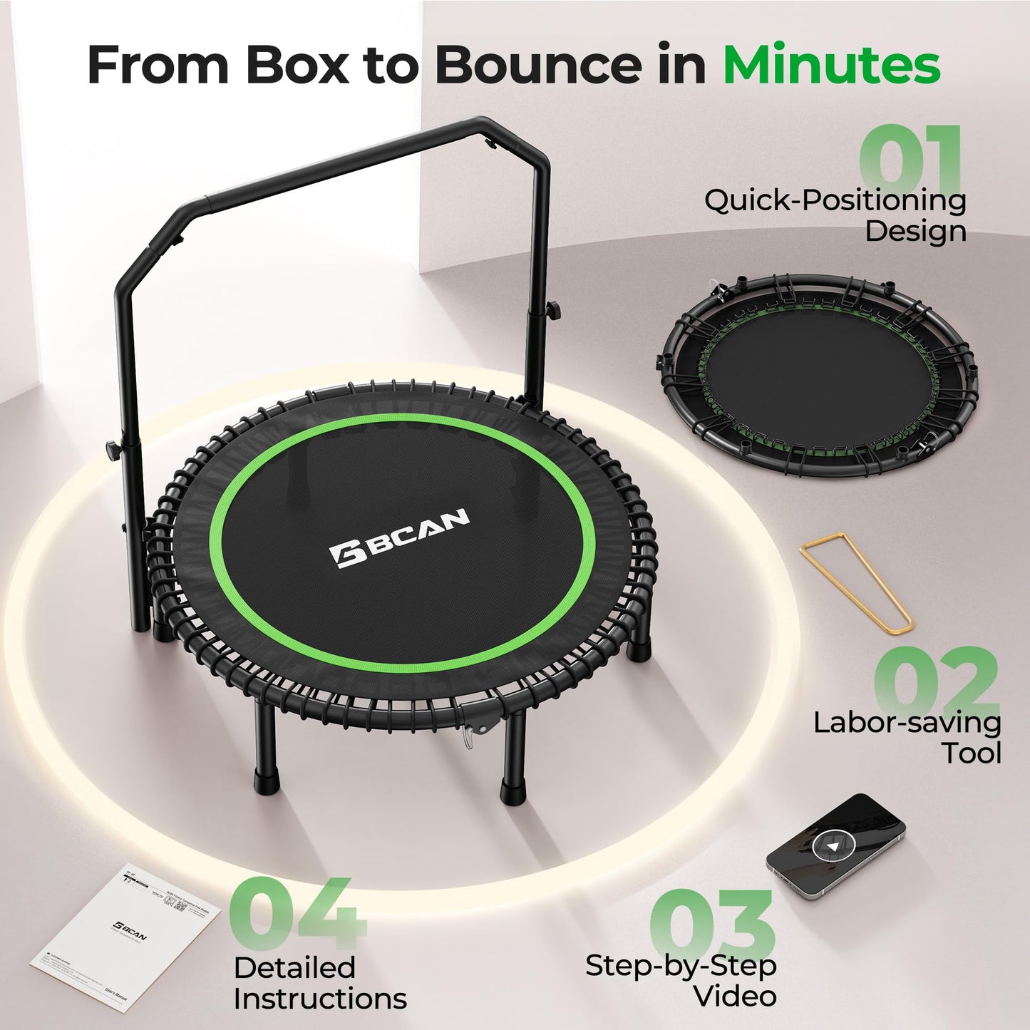 BCAN BT2 450/550LBS Mini Rebounder Trampoline for Adults with Bar, Fitness Trampoline with Bungees, Adjustable Handle, Stable & Quiet, Indoor Outdoor, Whole-Body Workout - 40IN/48IN | FED Fitness