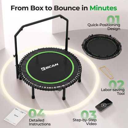 BCAN BT2 450/550LBS Mini Rebounder Trampoline for Adults with Bar, Fitness Trampoline with Bungees, Adjustable Handle, Stable & Quiet, Indoor Outdoor, Whole-Body Workout - 40IN/48IN | FED Fitness