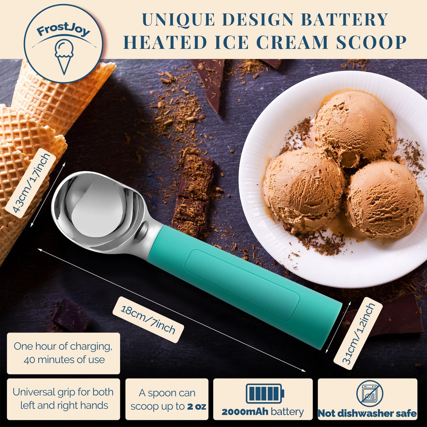 Heated Ice Cream Scoop Rechargeable, Electric Warming Ice Cream Scooper with LED Display, Heats to 158°F for Hard Ice Cream, Easy for Seniors & Kids, IP67 Waterproof (White, 2 oz)