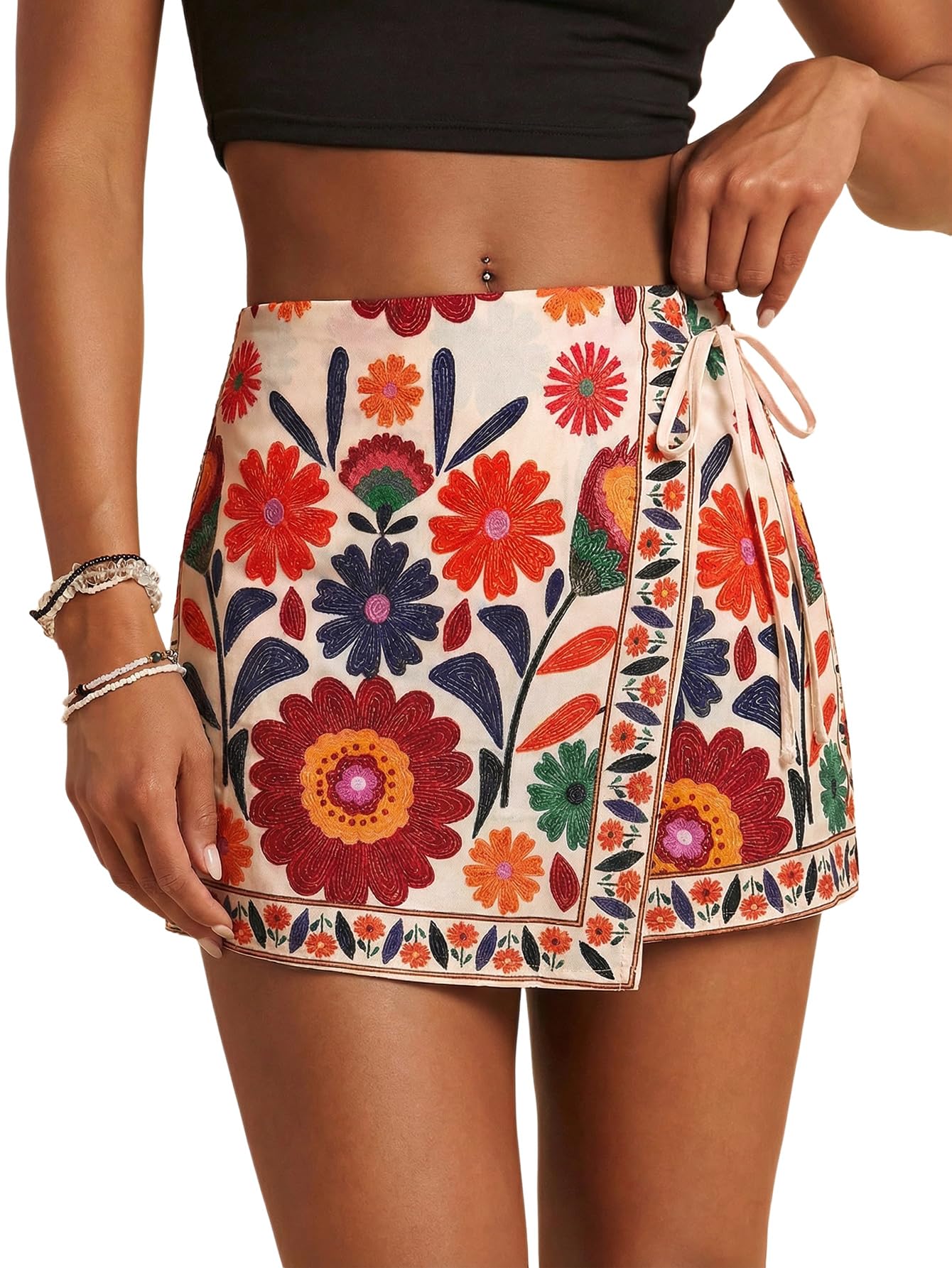 Sweatyrocks Women's Boho Mini Skirts Floral Shorts Tie Side Wrap Elastic Waist Summer Skorts Beach Vacation Outfits