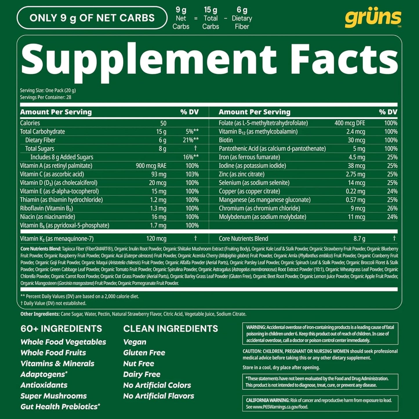 Gruns Adult Super Greens Multivitamin Gummies, Superfood Gummy Vitamins for Women and Men with Spirulina, Chlorella, Adaptogens & Prebiotic Fiber for Digestive Health (28 Count) (Pack of 2)