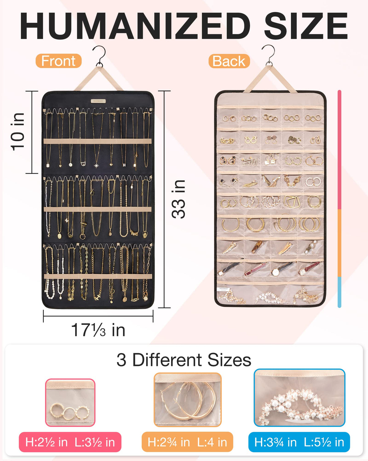 BAGSMART Hanging Jewelry Organizer Storage Roll with Hanger Metal Hooks Double-Sided Jewelry Holder for Earrings, Necklaces, Rings on Closet, Wall, Door, 1 piece, Medium, Pink
