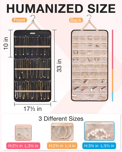 BAGSMART Hanging Jewelry Organizer Storage Roll with Hanger Metal Hooks Double-Sided Jewelry Holder for Earrings, Necklaces, Rings on Closet, Wall, Door, 1 piece, Medium, Pink