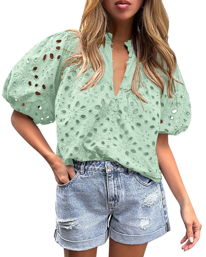 PRETTYGARDEN Womens Tops Boho Eyelet Puff Sleeve Blouse
