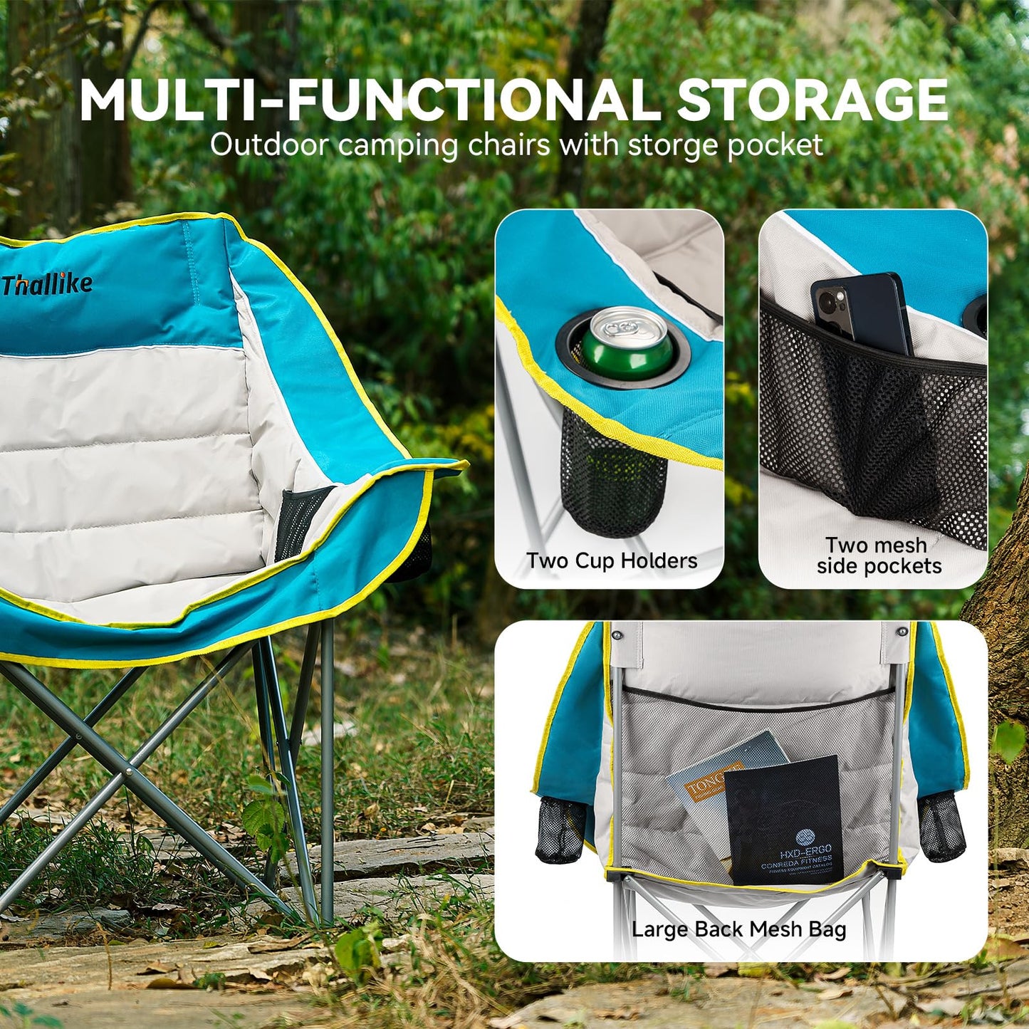 Oversized Camping Chair for Adults – Heavy Duty Folding Chair with Cup Holders, Storage Pocket & Carry Bag – Outdoor Padded Camp Chair for Camping, Backyard, Fishing & Sports – Supports 400lbs