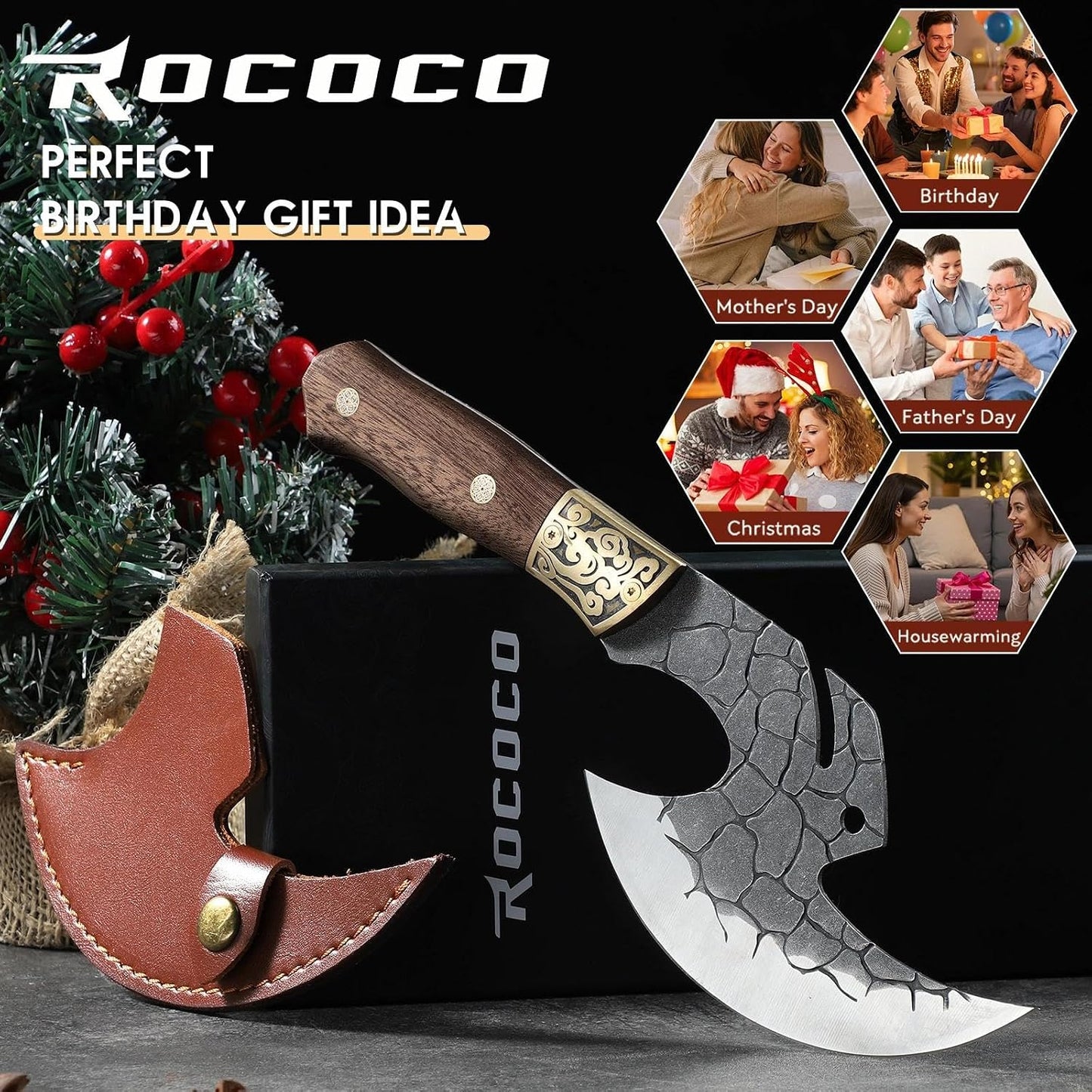 ROCOCO Viking Cleaver Knife Birthday - Kitchen Axe & Sheath Father Gift Men | Hand Forged High Carbon Steel Butcher Meat Cutting Boning Knife for Home Outdoor BBQ Camping Chirstmas Mother