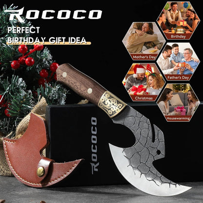 ROCOCO Viking Cleaver Knife Birthday - Kitchen Axe & Sheath Father Gift Men | Hand Forged High Carbon Steel Butcher Meat Cutting Boning Knife for Home Outdoor BBQ Camping Chirstmas Mother