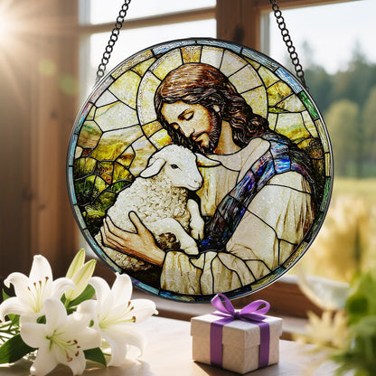 8-Inch Jesus with Cardinals Suncatcher Ornament, Stained Glass Window Hanging & Religious Christmas Ornament, Christian Window Decor — Memorial Gift, Christian Gifts for Her, Religious Gifts