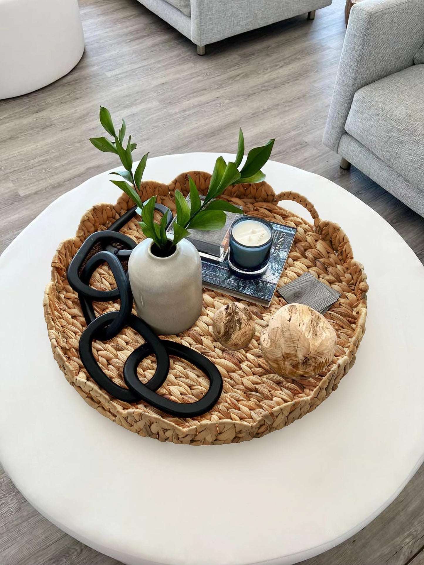 Gurfuy Extra Large Round Ottoman Table Tray with Handles - 19.7" Handmade Wicker Serving Hand Woven Tray for Farmhouse Decorative Oversized Coffee Table Trays Living Room Kitchen Counter Breakfast